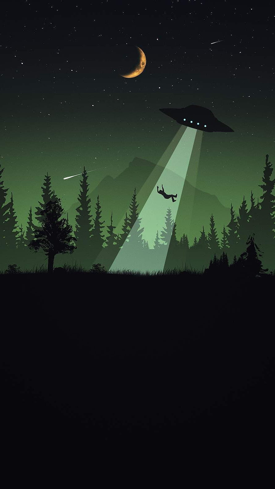 Alien UFO Abducting Human in Forest Night Sky with Crescent Moon, Canadian Nature Road Winter Mountains - : . Scenery , Abstract art , , Minimalist UFO HD phone wallpaper