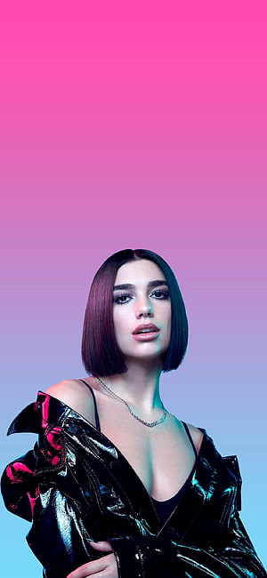 Dua Lipa Neon Gradient Portrait in Shiny Black Jacket HD phone wallpaper