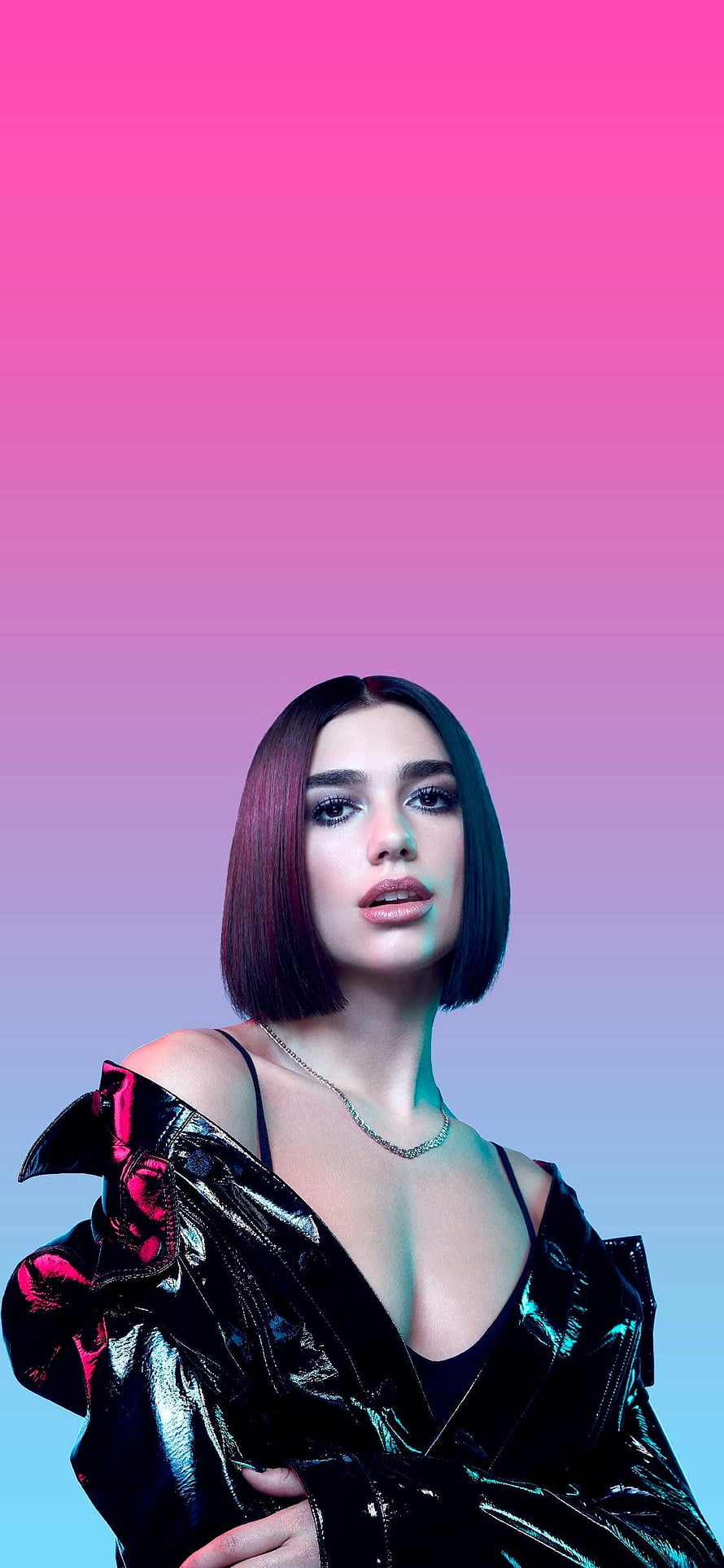 Dua Lipa Neon Gradient Portrait in Shiny Black Jacket HD phone wallpaper