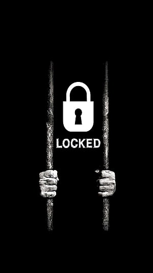Black and White Hands Holding Bars With Lock Icon and Locked Text HD phone wallpaper
