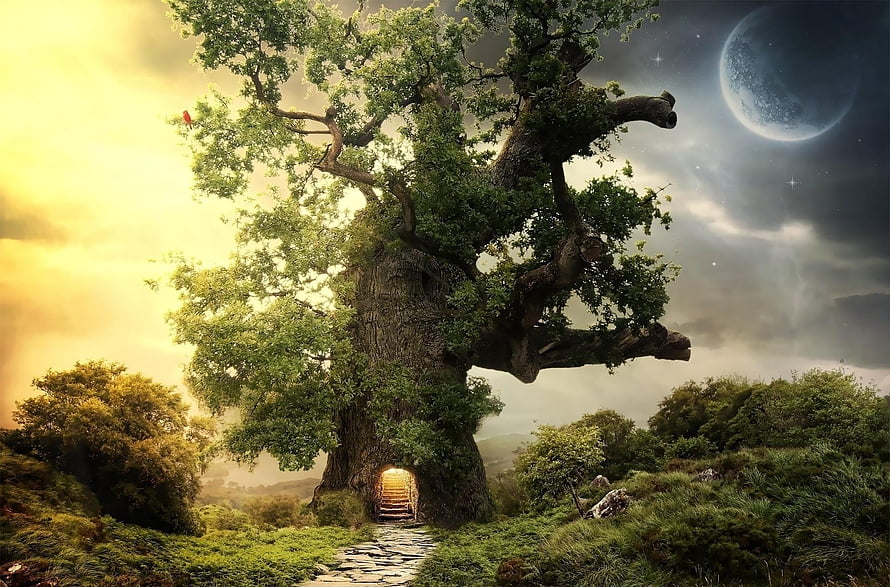 Mystical Ancient Tree House With Glowing Stone Entrance And Distant Planet HD wallpaper