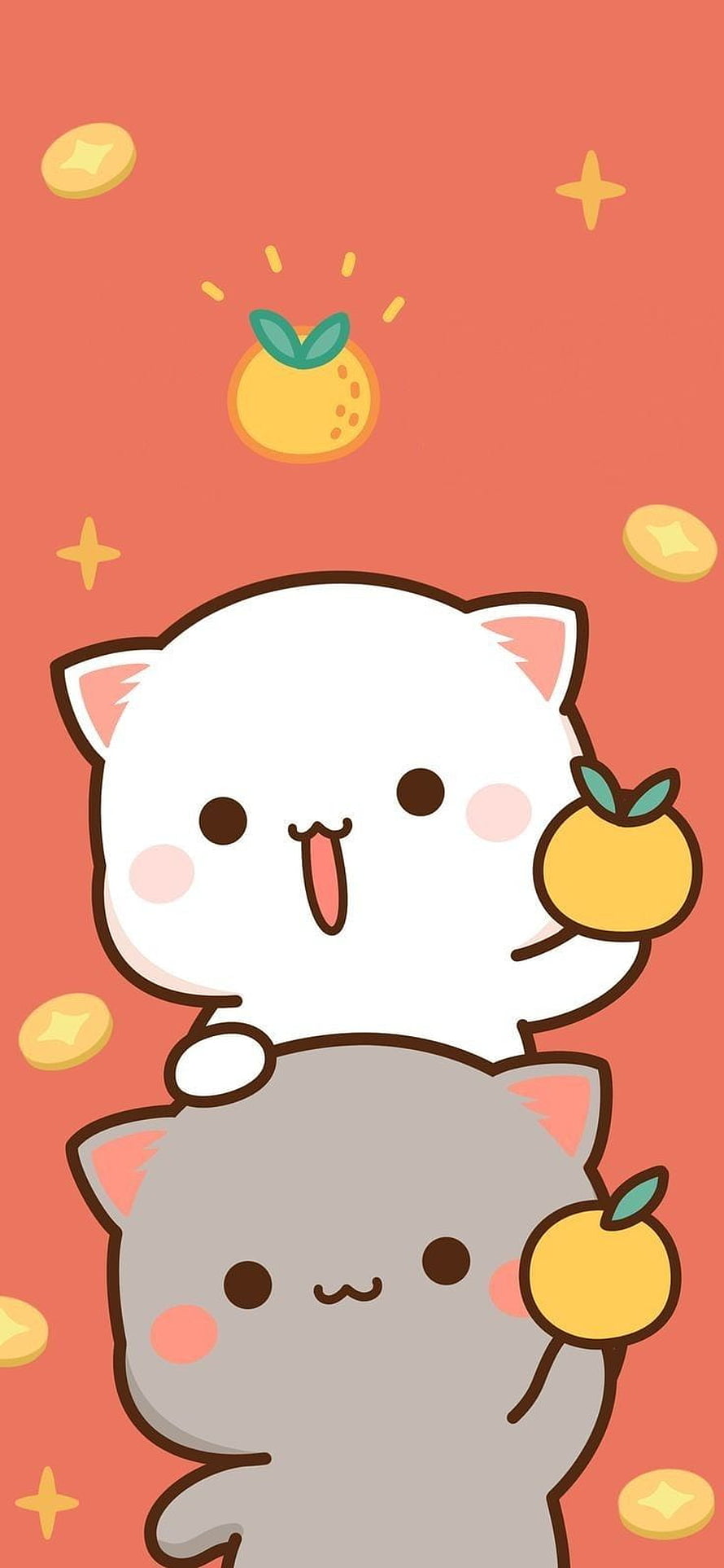 Cute Chibi White and Grey Cats Holding Oranges with Gold Coins on Coral Background HD phone wallpaper