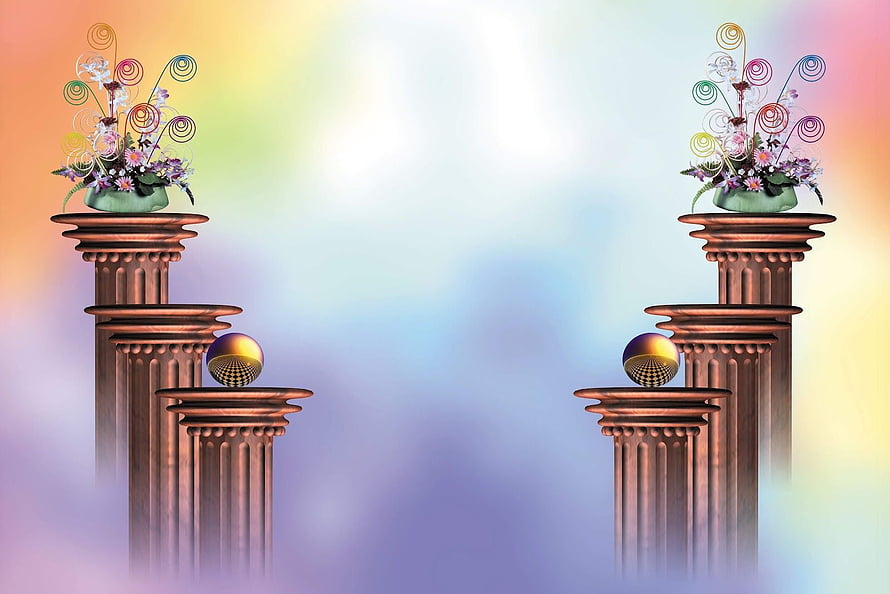 Symmetrical Classical Columns with Floral Arrangements and Spheres on Pastel Gradient Background HD wallpaper