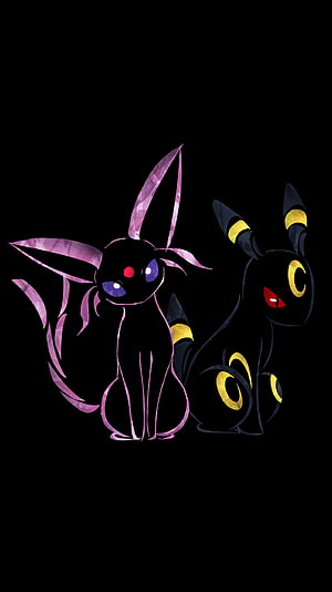 Espeon and Umbreon Silhouettes with Glowing Eyes on Black Background HD phone wallpaper