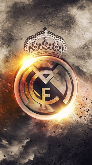 Real Madrid Club Crest With Golden Glow On Dark Grunge Background HD phone wallpaper