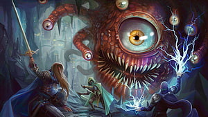 Fantasy adventurers battle a colossal cyclops monster with tentacles and lightning magic in a dark dungeon HD wallpaper