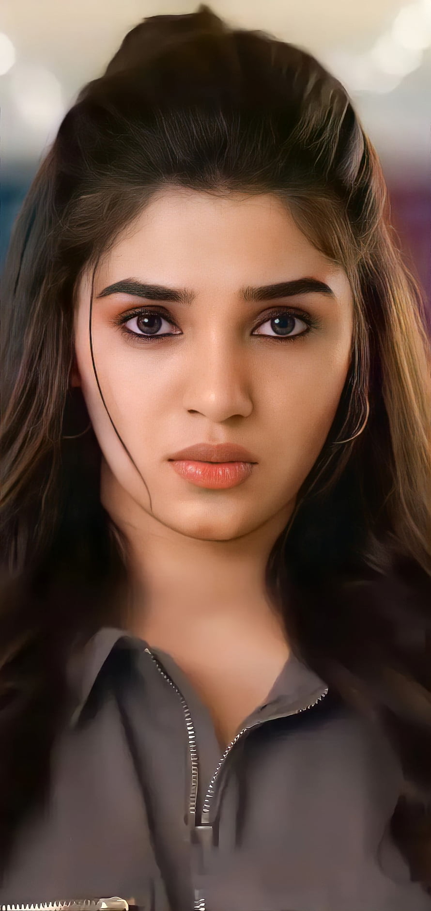 Portrait of a woman with long dark hair and a grey zip-up jacket, Krithi Shetty, bebamma, krithishetty, stunninglooks HD phone wallpaper