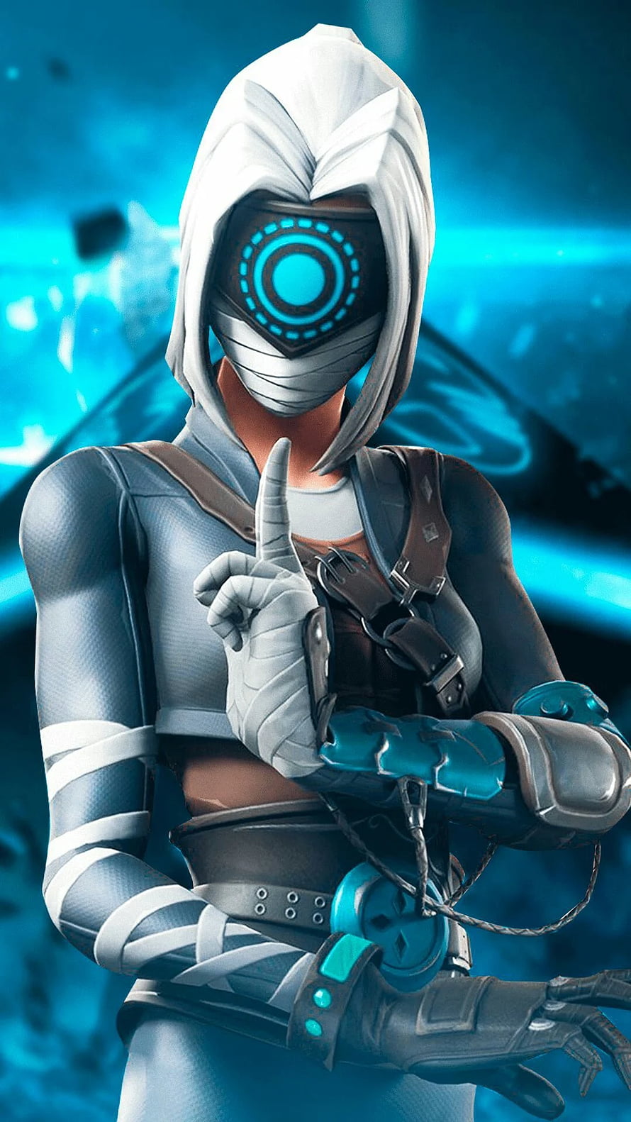 Fortnite Character in White Hood and Glowing Blue Mask with Cybernetic Arm HD phone wallpaper