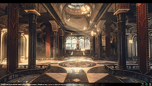 Temple of Utu Throne Room Fantasy Concept Art with Ornate Columns and Golden Light HD wallpaper