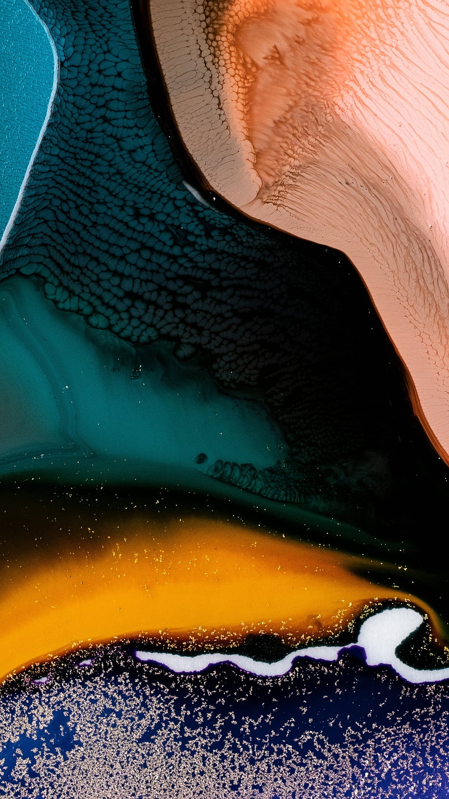 Abstract Fluid Art Wallpaper With Teal, Gold, and Peach Ink Blends HD phone wallpaper