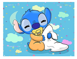 Cute Baby Stitch Sleeping with Pacifier and Blanket Under Starry Night Sky HD wallpaper