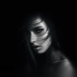 Moody Black and White Portrait of a Woman with Windblown Hair, Dark Girl Face, Girl Portrait HD phone wallpaper