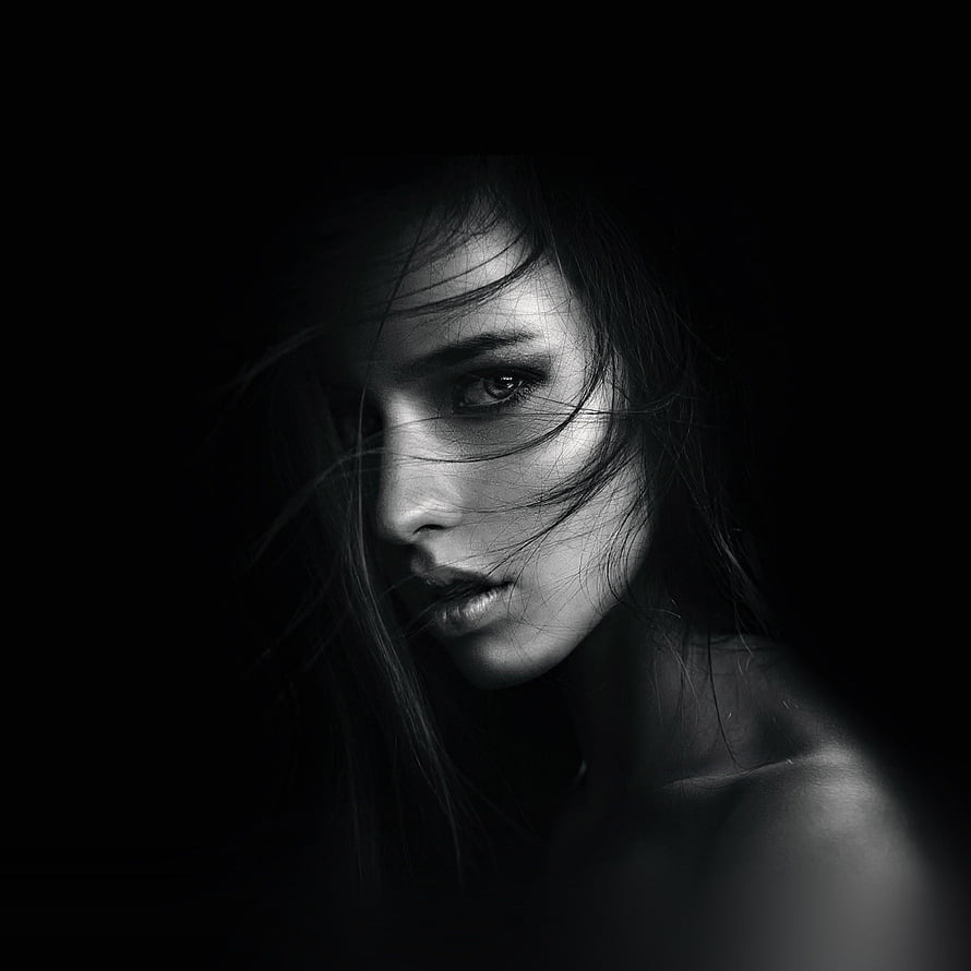 Moody Black and White Portrait of a Woman with Windblown Hair, Dark Girl Face, Girl Portrait HD phone wallpaper