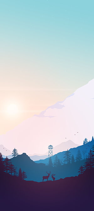Minimalist Mountain Landscape With Deer Silhouettes And Watchtower At Sunset HD phone wallpaper