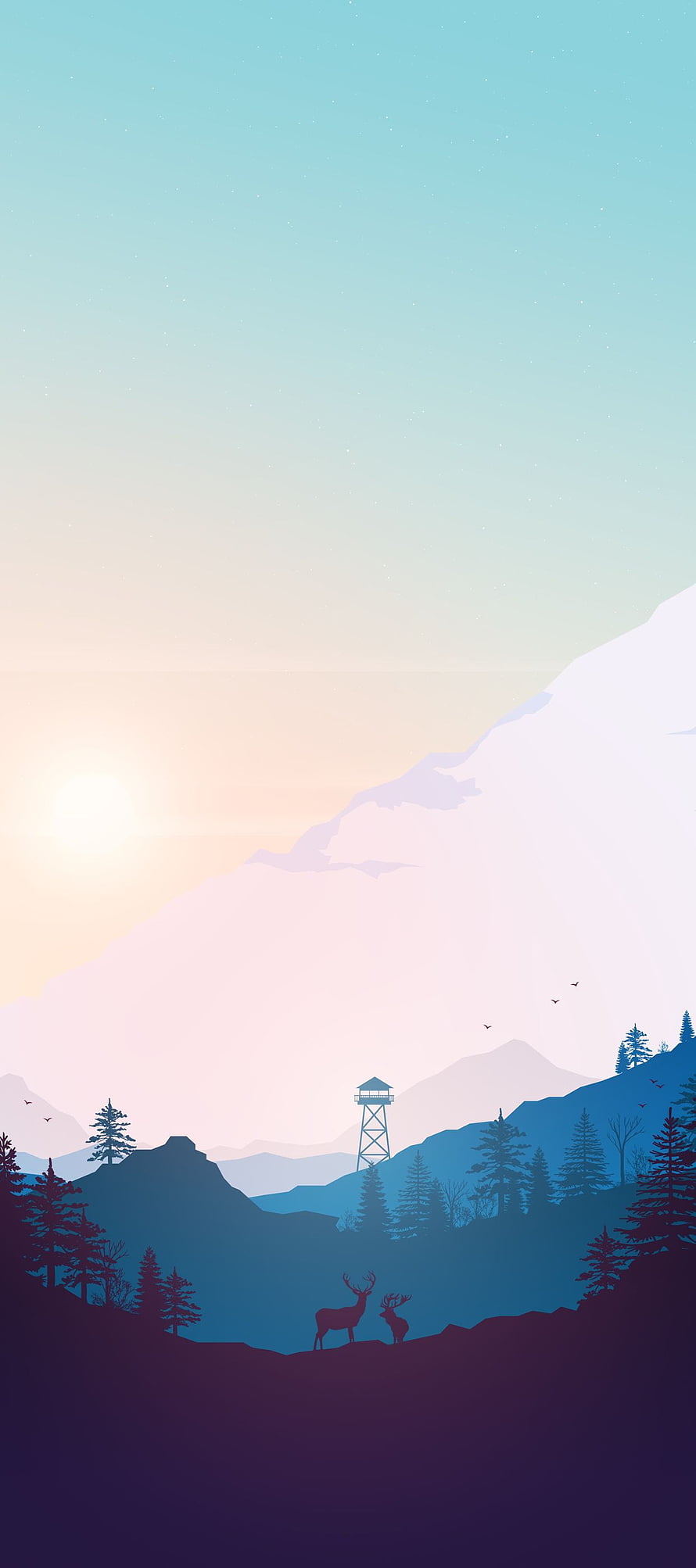 Minimalist Mountain Landscape With Deer Silhouettes And Watchtower At Sunset HD phone wallpaper