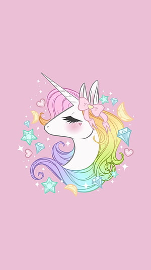 Cute Pastel Unicorn Head Illustration with Rainbow Mane, Stars, and Gems on Pink Background HD phone wallpaper