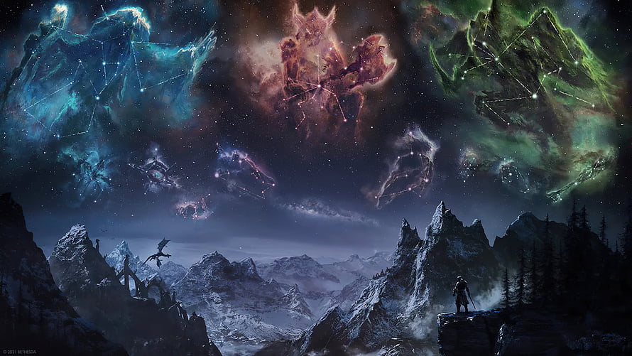 Skyrim Constellation Sky Over Snowy Mountains With Lone Adventurer HD wallpaper