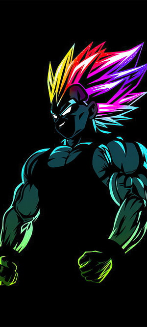 Neon Dragon Ball Z Vegeta with Rainbow Hair and Glowing Muscles on Black Background HD phone wallpaper