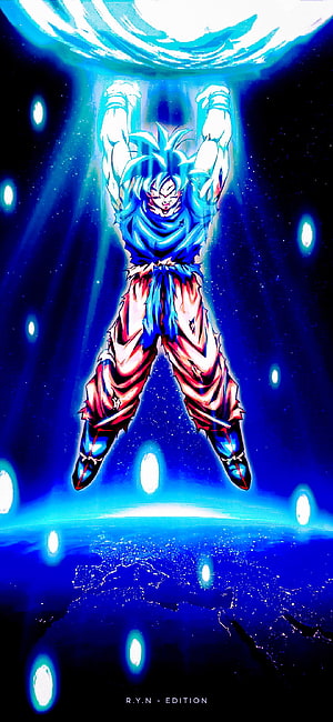 Goku Super Saiyan Blue performing Kamehameha attack above Earth with glowing blue energy aura HD phone wallpaper