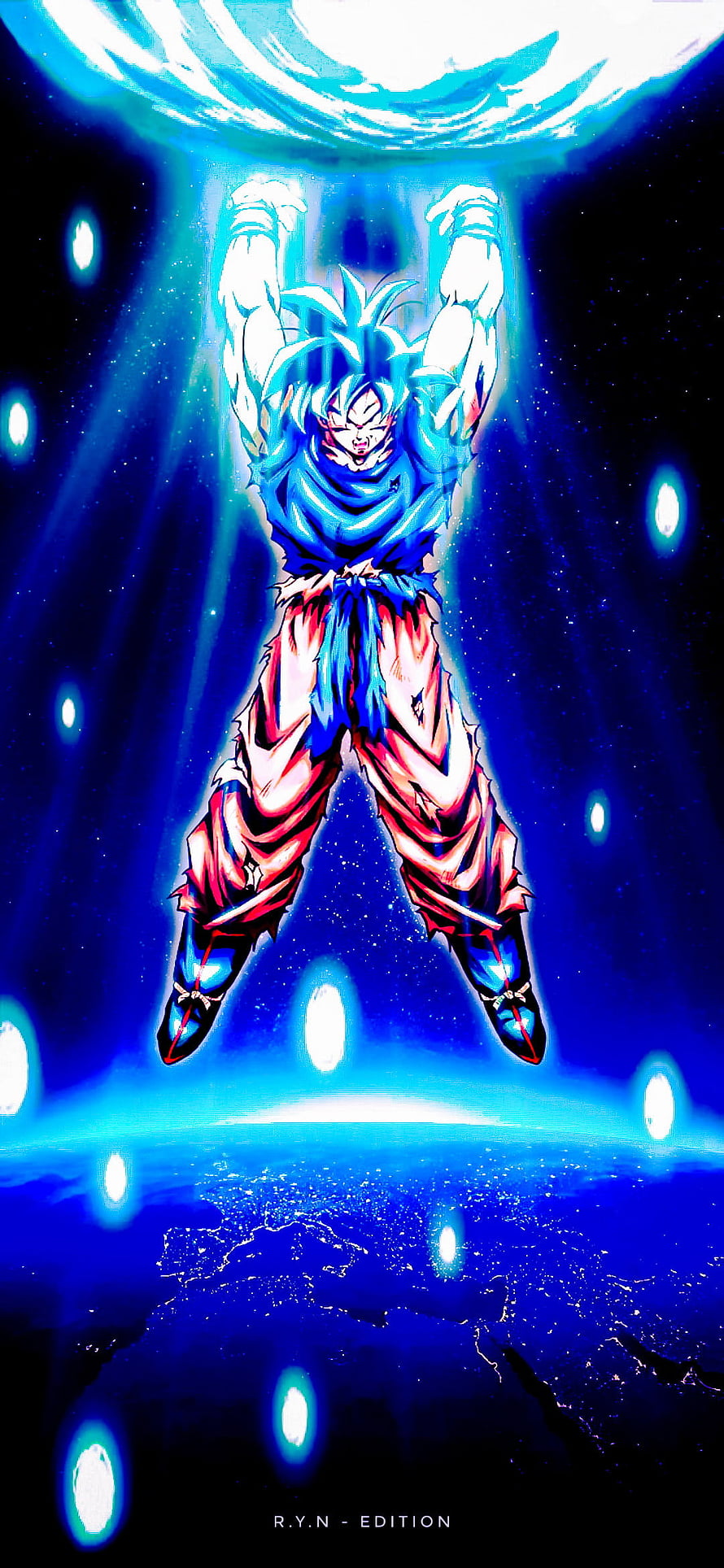 Goku Super Saiyan Blue performing Kamehameha attack above Earth with glowing blue energy aura HD phone wallpaper