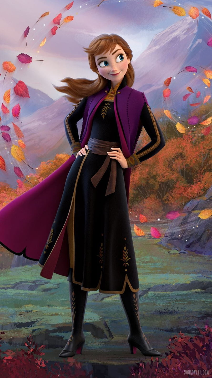Anna from Frozen in Autumn Landscape with Falling Leaves and Mountains HD phone wallpaper