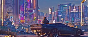 Cyberpunk 2077 Night City Skyline with Futuristic Sports Car and Character HD wallpaper