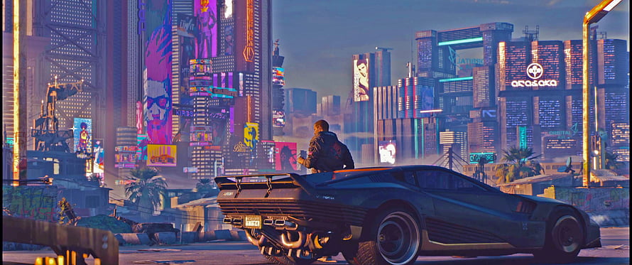 Cyberpunk 2077 Night City Skyline with Futuristic Sports Car and Character HD wallpaper