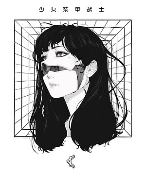 Monochrome Cyberpunk Girl with Mechanical Faceplate and Long Black Hair HD phone wallpaper