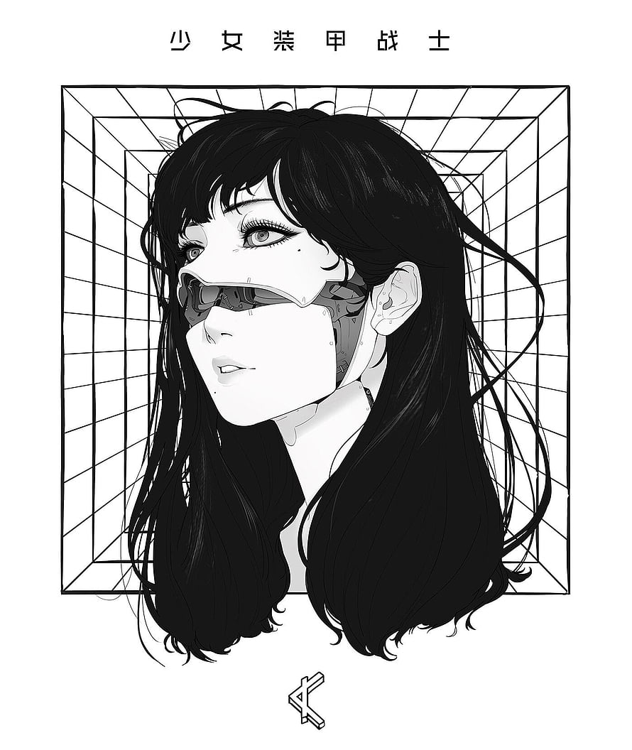 Monochrome Cyberpunk Girl with Mechanical Faceplate and Long Black Hair HD phone wallpaper