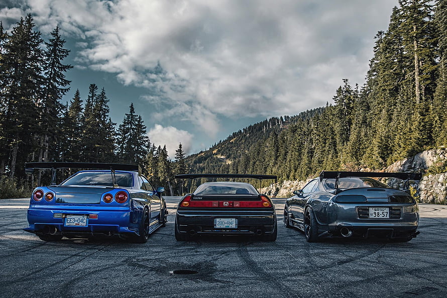 Three JDM Supercars Parked in Mountain Forest: Nissan GT-R, Honda NSX, and Toyota Supra HD wallpaper