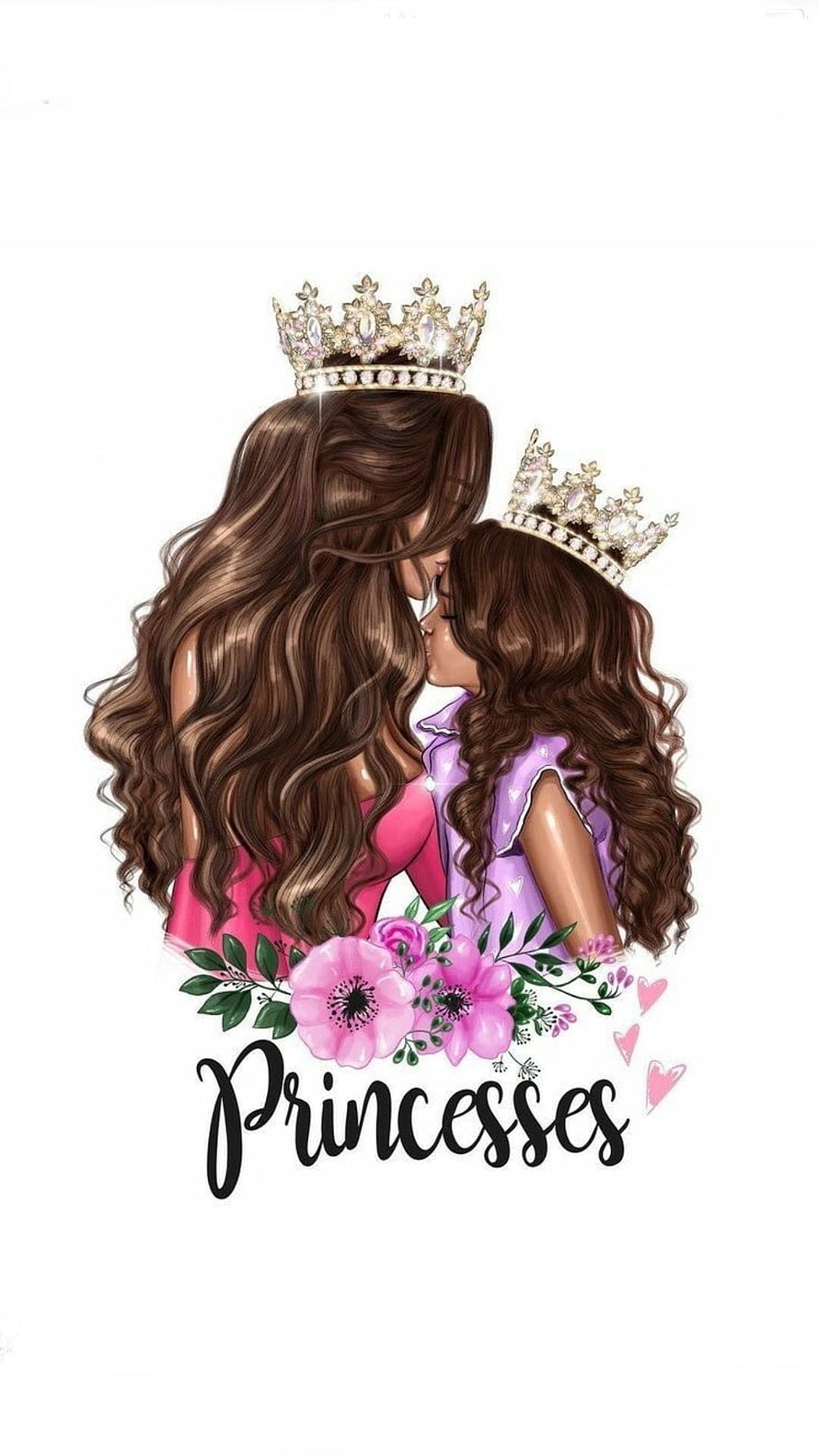 Mother and daughter princesses sharing a tender kiss with floral accents and elegant crowns HD phone wallpaper