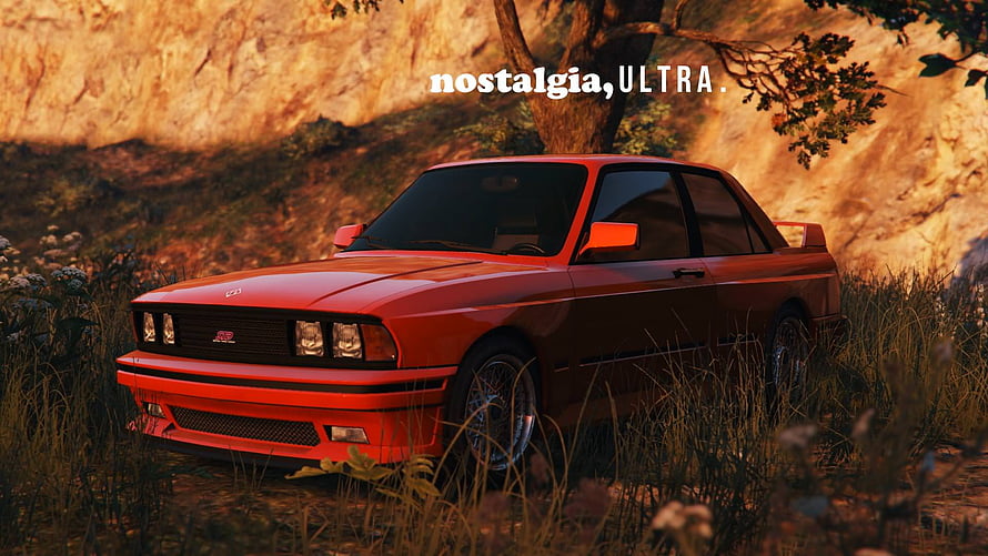 Red BMW E30 M3 Coupe in Golden Hour Grassland with Nostalgia Ultra Text Overlay HD wallpaper