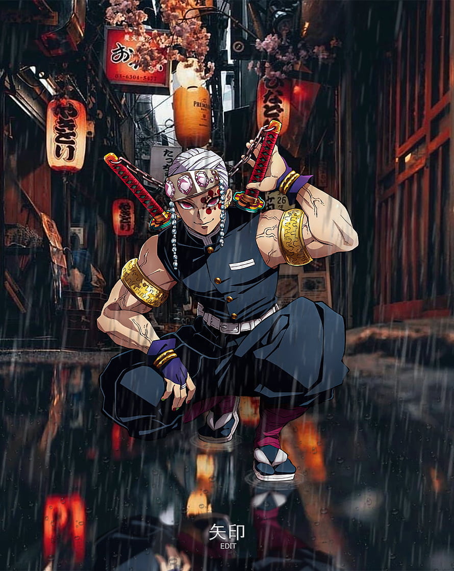 Tengen Uzui from Demon Slayer crouching in a rainy street with dual swords HD phone wallpaper