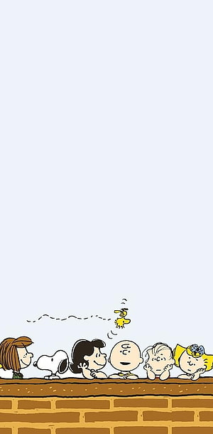 Peanuts characters and Snoopy peeking over a brick wall watching Woodstock fly HD phone wallpaper