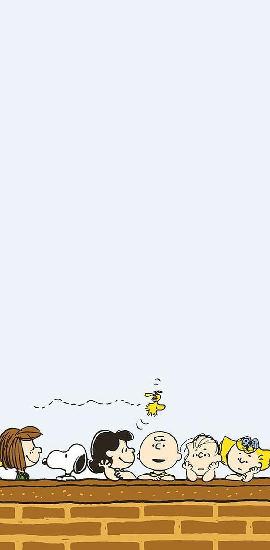 Peanuts characters and Snoopy peeking over a brick wall watching Woodstock fly HD phone wallpaper