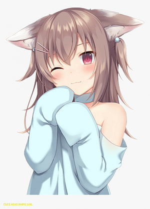 Cute Anime Cat Girl Winking in Light Blue Off-Shoulder Top with Hair Clips HD phone wallpaper