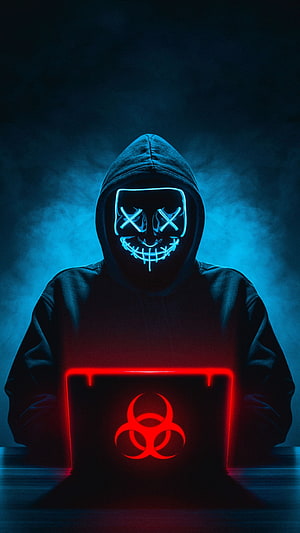 Hacker in Black Hoodie with Glowing Neon Mask and Biohazard Laptop HD phone wallpaper