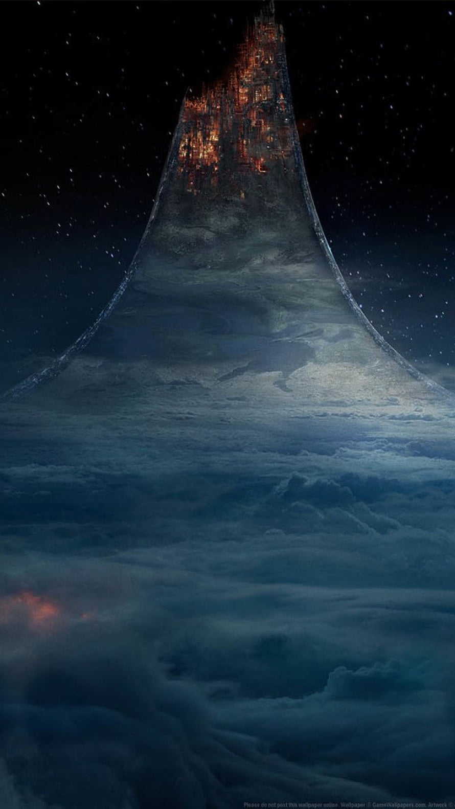 Fantasy Spire Tower Rising Above Clouds at Night HD phone wallpaper