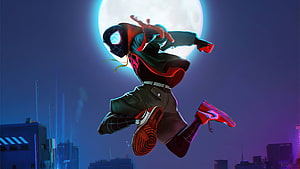 Miles Morales Spider-Man Leaping Silhouette Against Full Moon City Skyline, Spider Man Into the Spider Verse , Background HD wallpaper