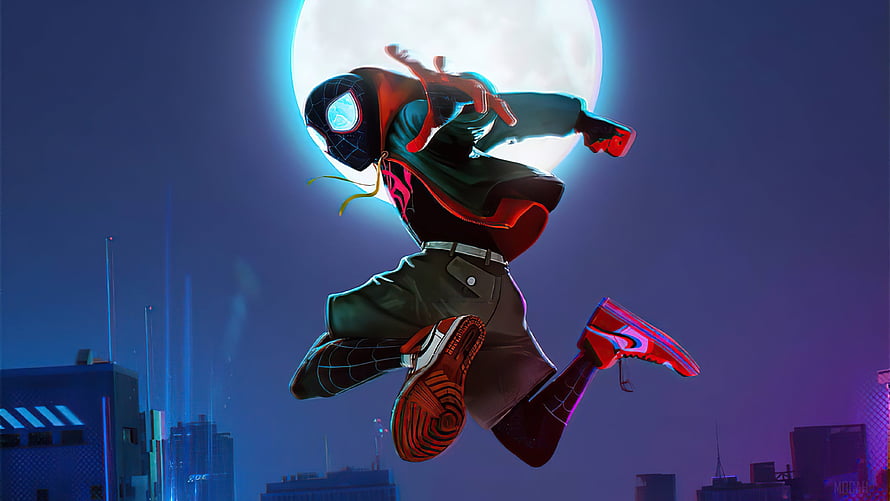 Miles Morales Spider-Man Leaping Silhouette Against Full Moon City Skyline, Spider Man Into the Spider Verse , Background HD wallpaper