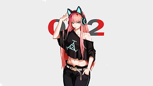 Zero Two from Darling in the Franxx in a Black Off-Shoulder Crop Top and Cat Ear Headphones HD wallpaper