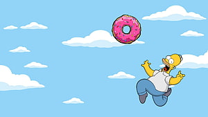 Homer Simpson Reaching For A Giant Pink Donut In The Cloudy Sky HD wallpaper