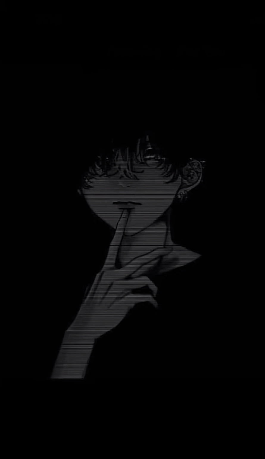 Dark Anime Boy With Finger On Lips Shushing Gesture Glitch Effect HD phone wallpaper