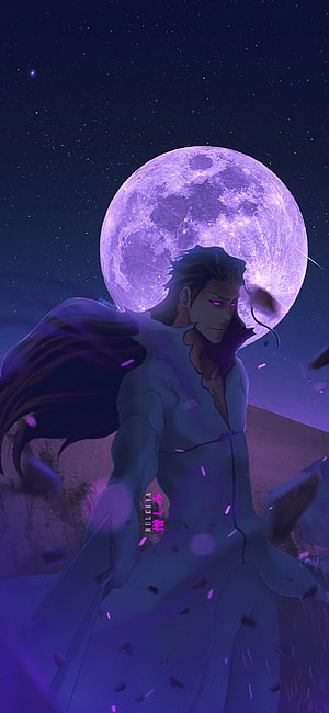 Yhwach from Bleach standing under a giant purple moon with glowing eyes and flowing hair HD phone wallpaper