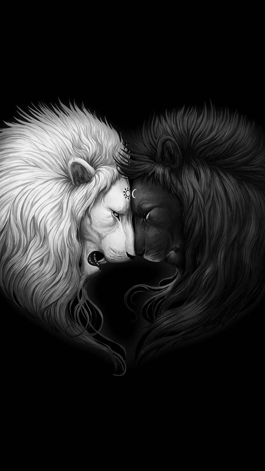 Black and White Lion Duality Illustration with Sun and Moon Symbols HD phone wallpaper