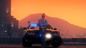 GTA V LSPDFR Police Officer Leaning on Patrol Car at Sunset HD wallpaper
