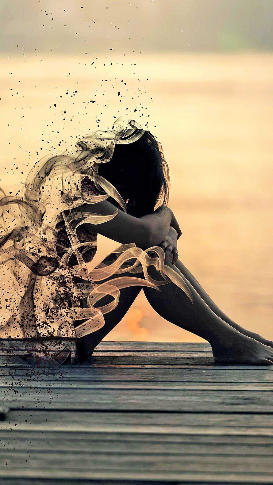 Silhouette of a woman sitting alone on a dock with a surreal dissolving effect against a warm sunset, Girl Sad Alone , Girl Sad Lonely HD phone wallpaper