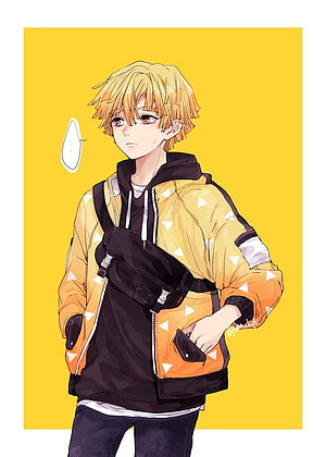 Zenitsu Agatsuma in Streetwear Jacket and Crossbody Bag on Yellow Background HD phone wallpaper