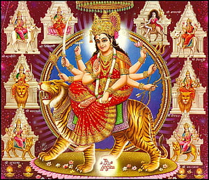 Nine Forms of Goddess Durga Navratri Artwork with Tiger and Divine Weapons HD wallpaper