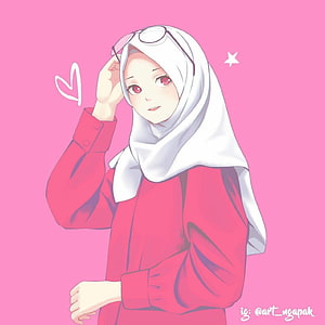 Anime Girl Wearing White Hijab and Red Blouse with Glasses on Pink Background HD phone wallpaper